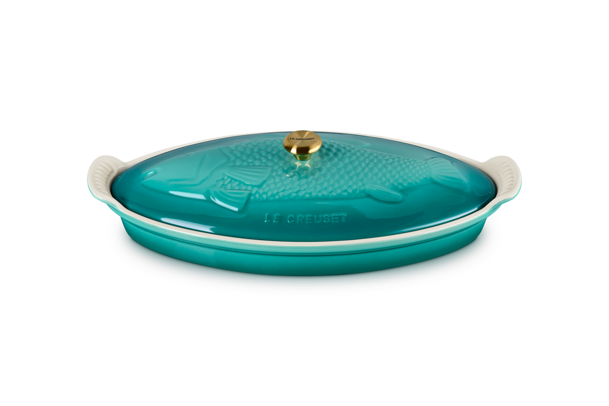 Le Creuset 1.75 qt. Fish Baker - Riviera with Gold Knob