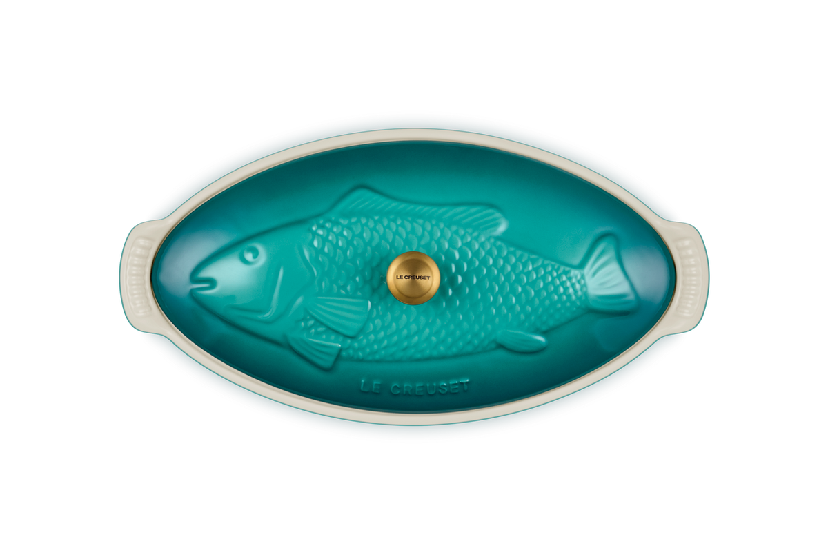 Le Creuset 1.75 qt. Fish Baker - Riviera with Gold Knob