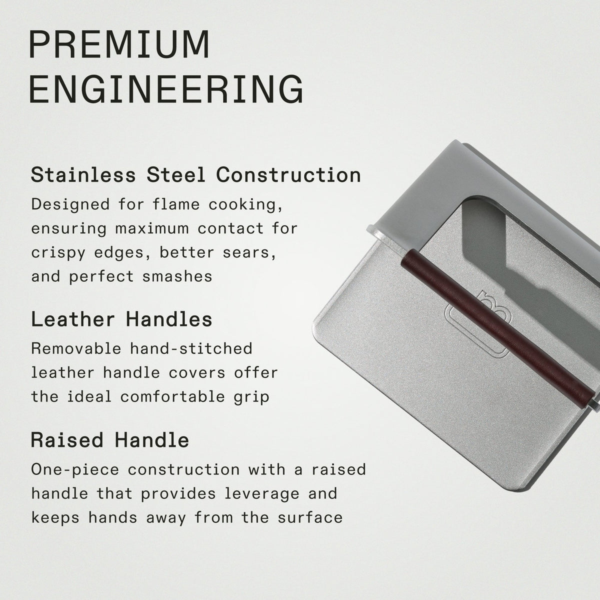 Made In Stainless Steel Grill Press with Leather Handle Cover