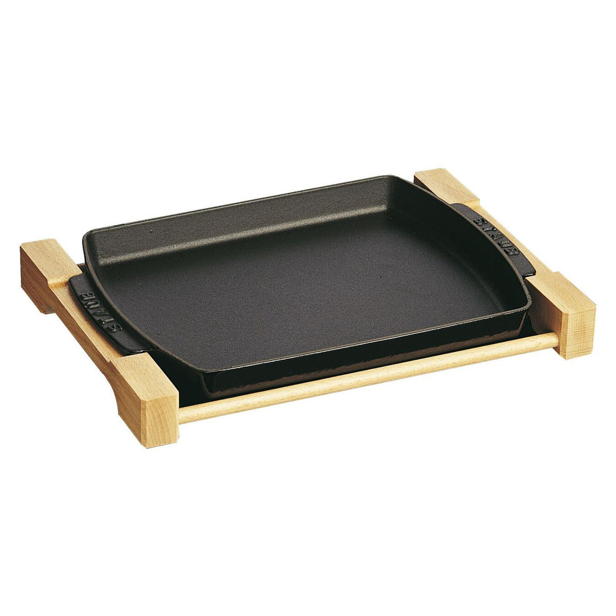 Staub Cast Iron 15 x 9 inch Rectangular Serving Dish with Wood Base Matte Black