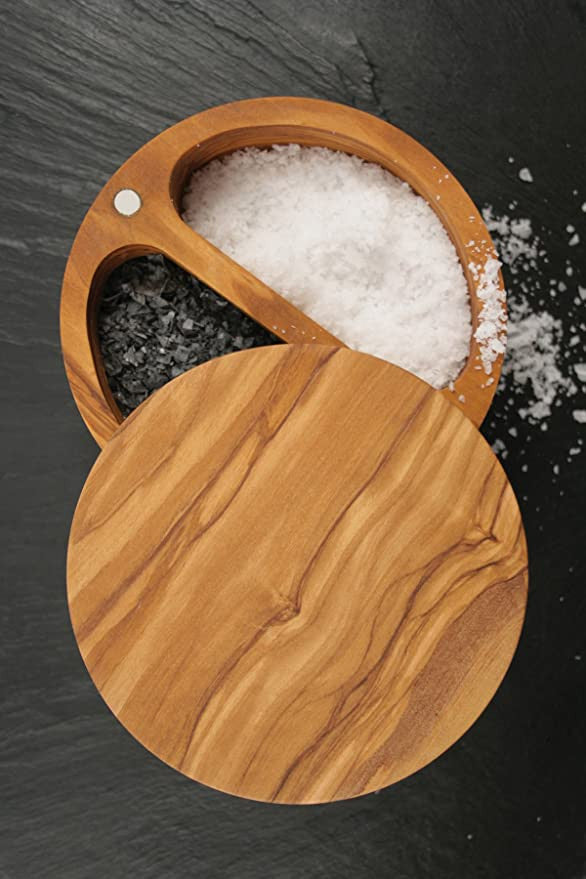 Swissmar Palermo Dual Bin Salt Keeper with Magnetic Lid - Olive Wood