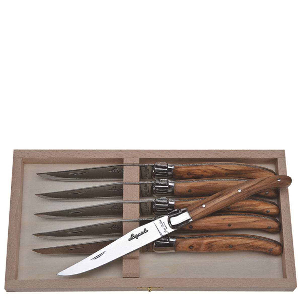 Jean Dubost Steak Knives with Olive Wood Handles in Tray - Set of 6