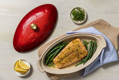 Le Creuset 1.75 qt. Fish Baker - Cerise with Gold Knob