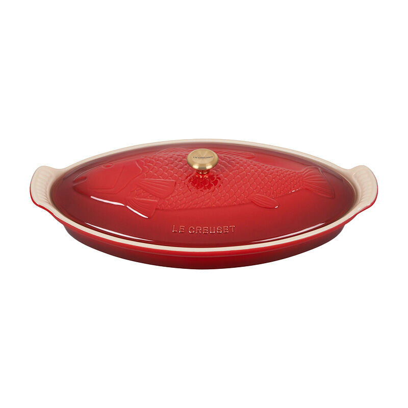 Le Creuset 1.75 qt. Fish Baker - Cerise with Gold Knob