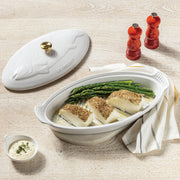 Le Creuset 1.75 qt. Fish Baker - White with Gold Knob